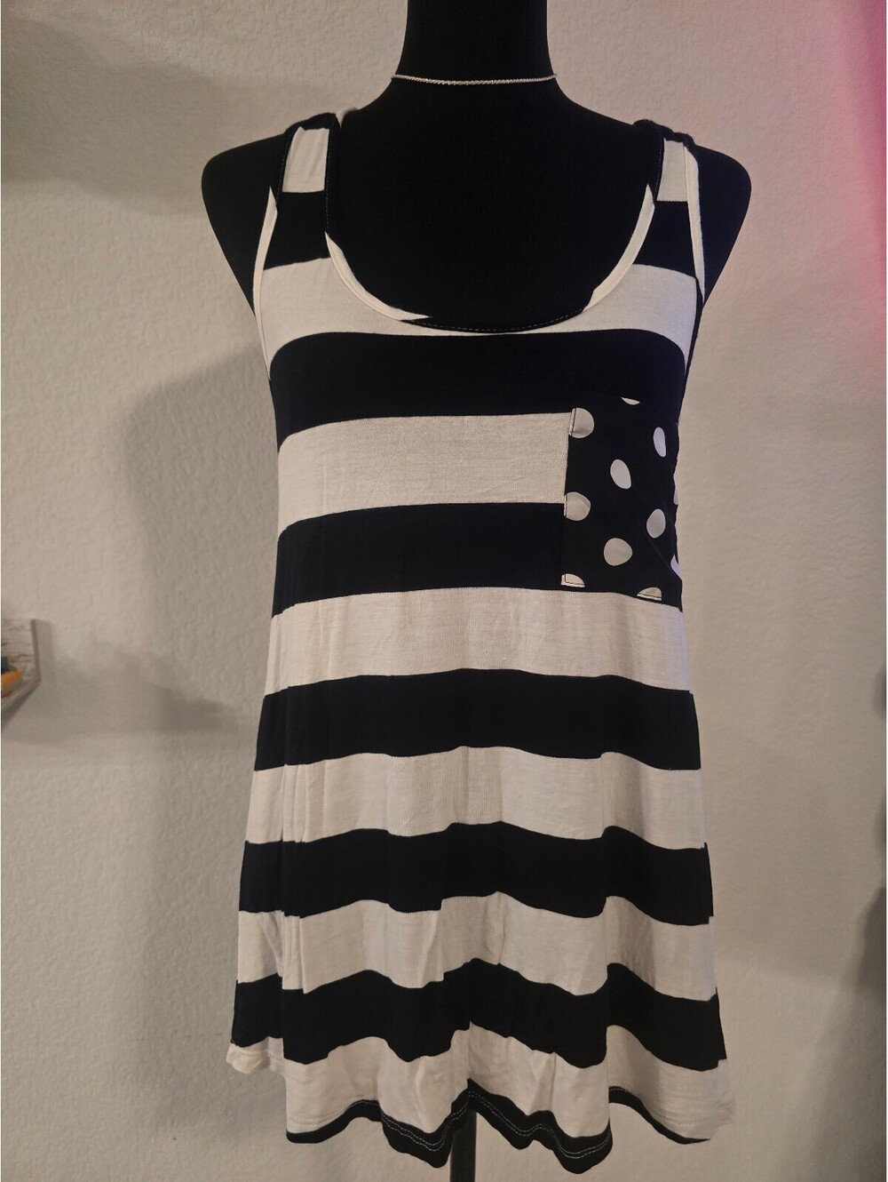 Mon Ami Black and White Striped Tank Top with Polka Dot Pocket